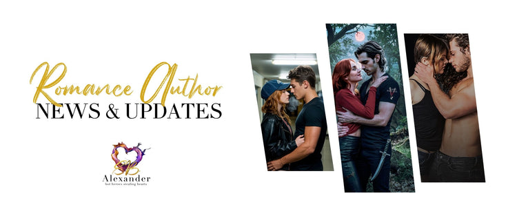 Promotional banner for romance author news and updates with romantic images and text.